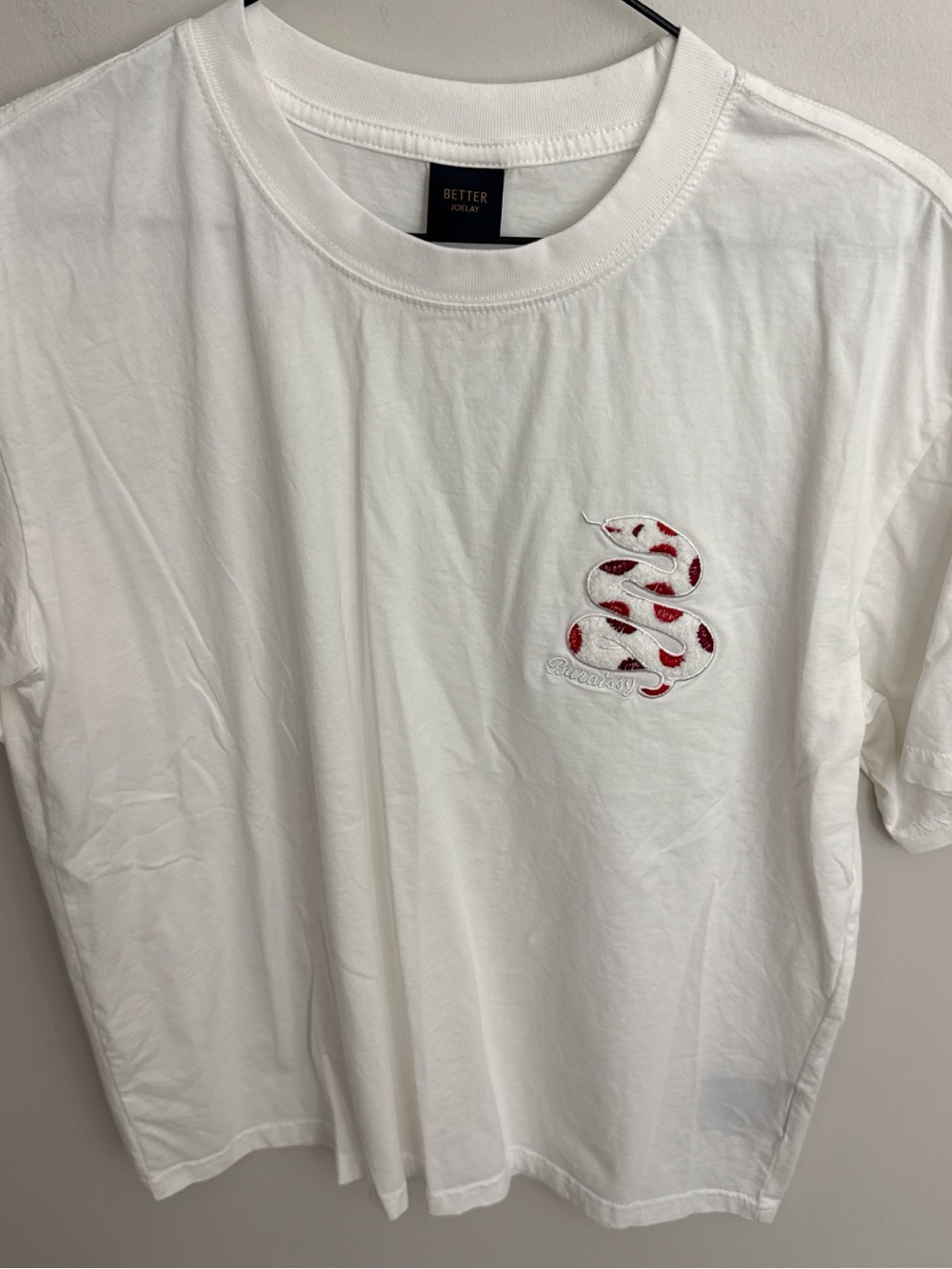 White Crewneck T-Shirt with Red Snake Embroidery